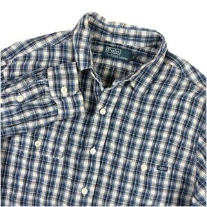 Polo Ralph Lauren Shirt Mens Large Blue Plaid Linen Blend Button Up Long Sleeve